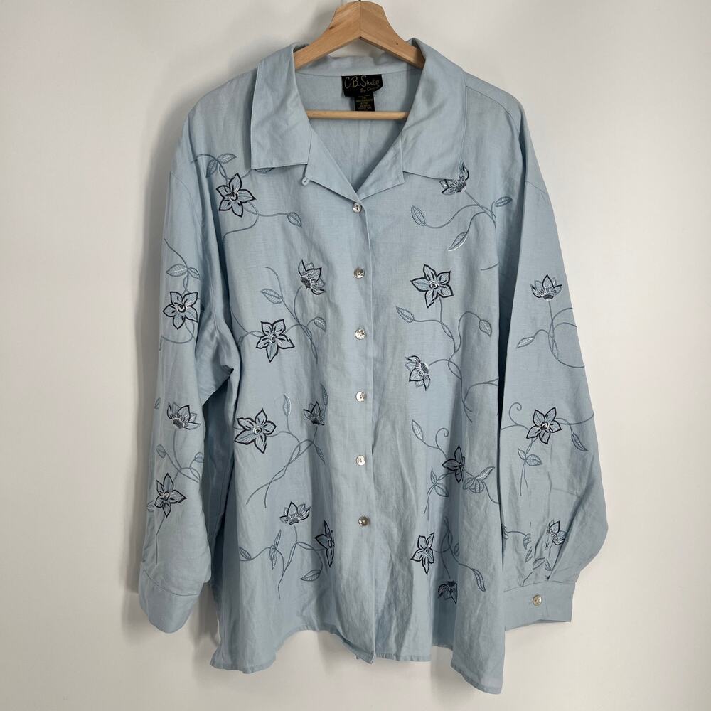 C.B. Studio by Corey B 100% Linen Button Blouse Women 2X Blue Embroidered Floral